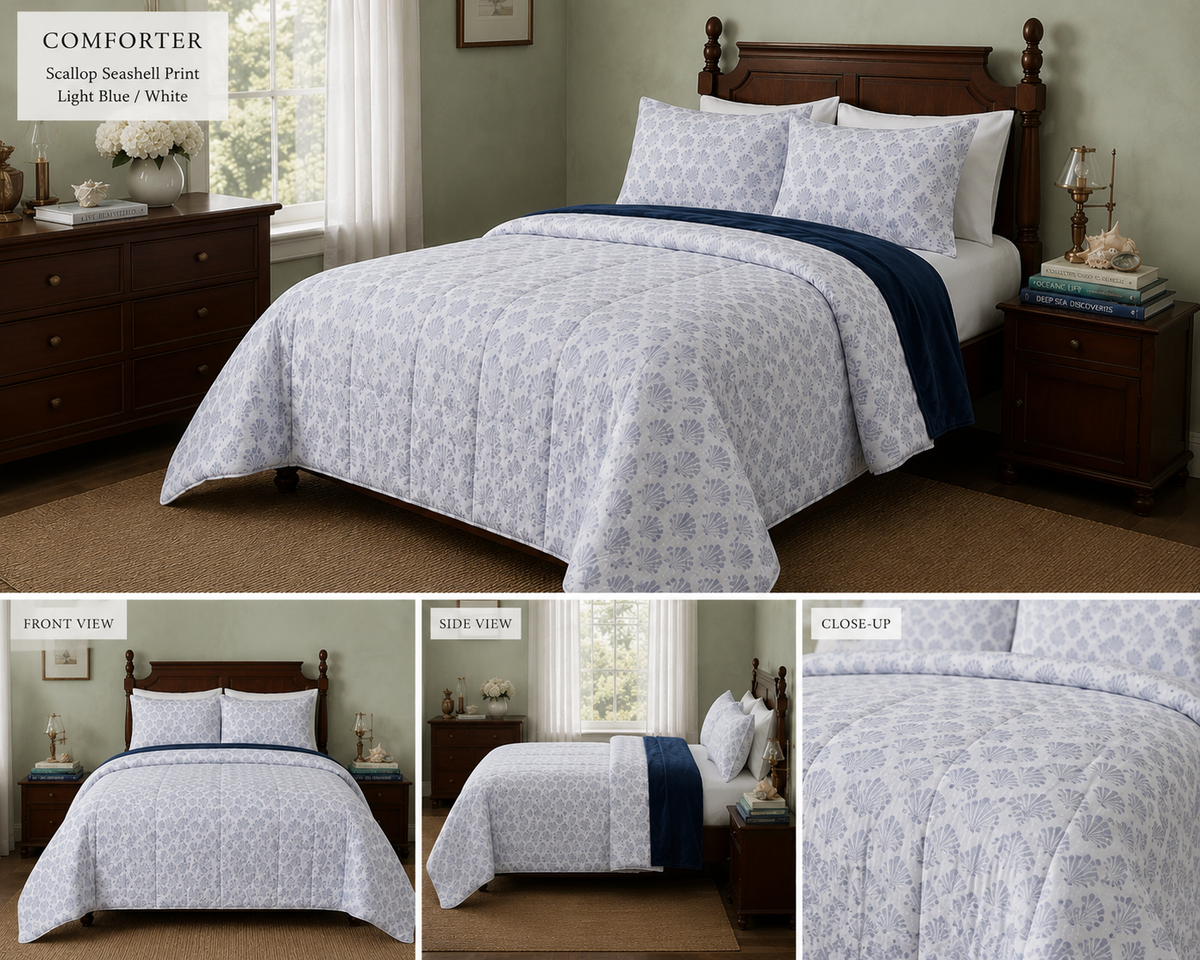 Scallop Seashell STANDARD Comforter, Quilt &amp; Bedspread - White &amp; Blue