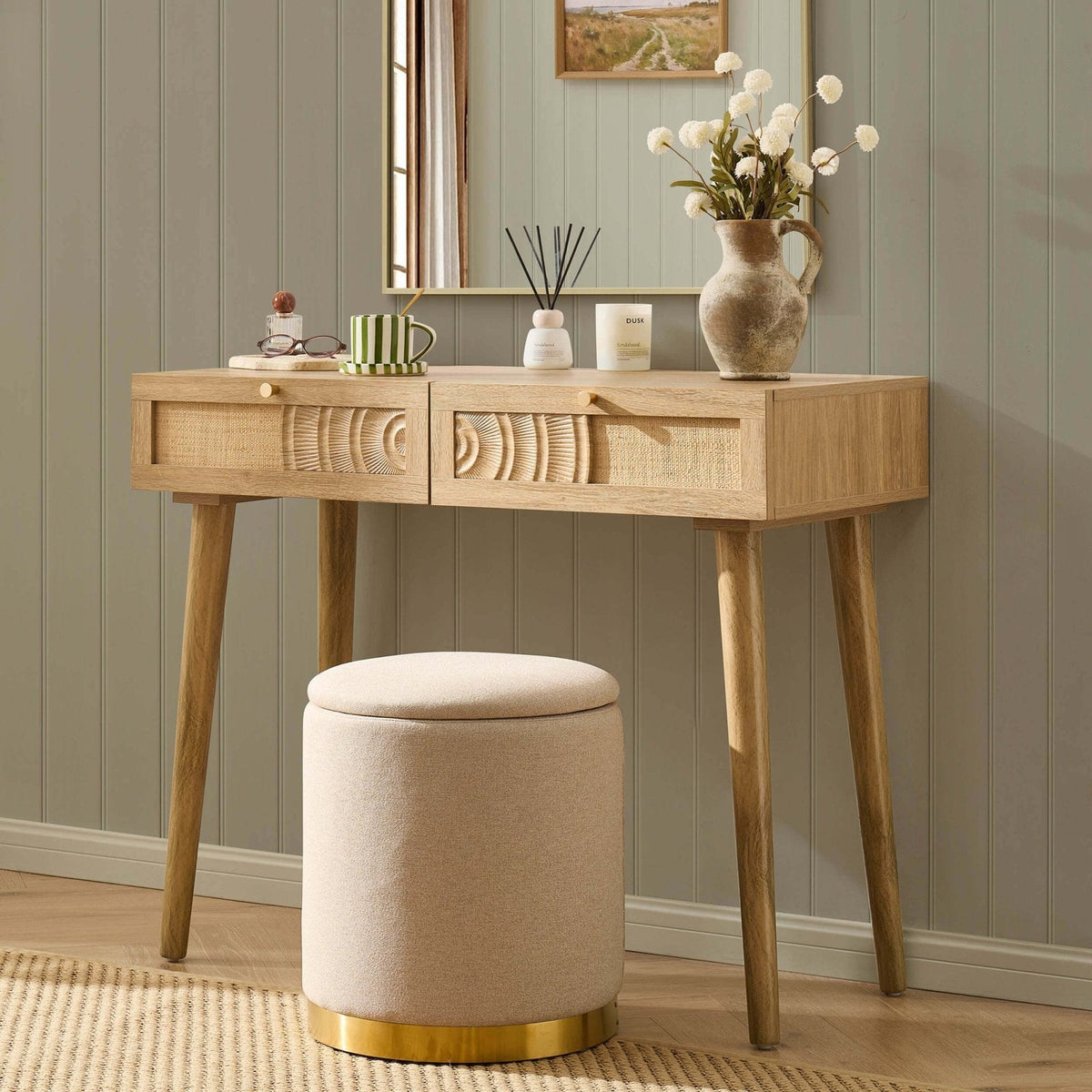 Raven Rattan Dressing Table with Drawers - Light Wood – Feather & Black