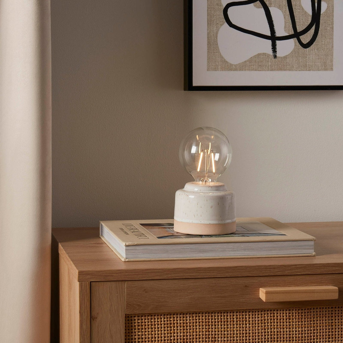 Robin Reactive Glaze Ceramic Feather & Black Bulb Table Lamp - Cream