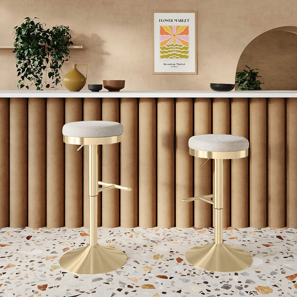 Romy Adjustable Stool | Speckled Laura Ashley Stone Sustainable Boucle & Brass