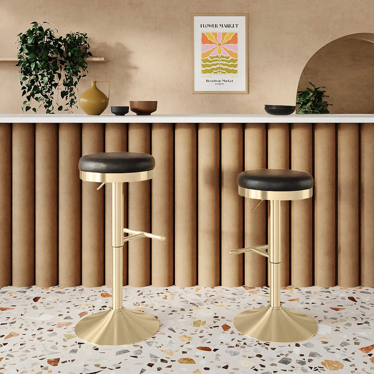 Romy Adjustable Stool | Vintage Black Faux Leather & Brass – Laura Ashley
