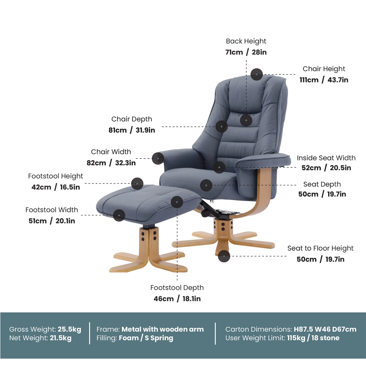 Scandi Fabric Swivel LauraAshley Recliner Chair with Footstool