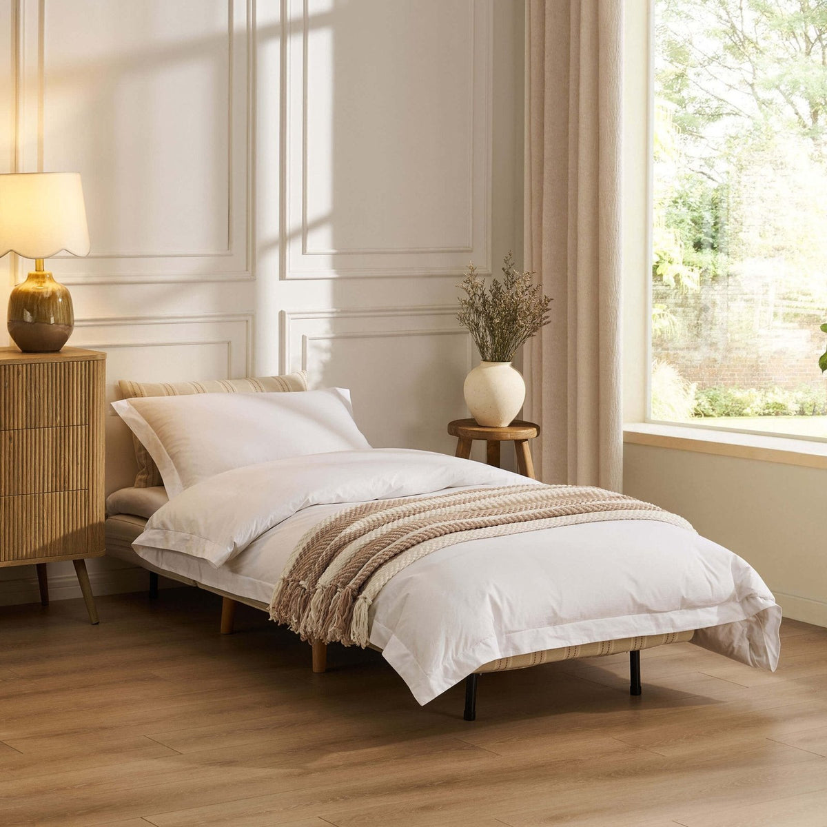 Seattle Single Click Clack Sofa Bed - Natural Stitched Stripe – Feather & Black