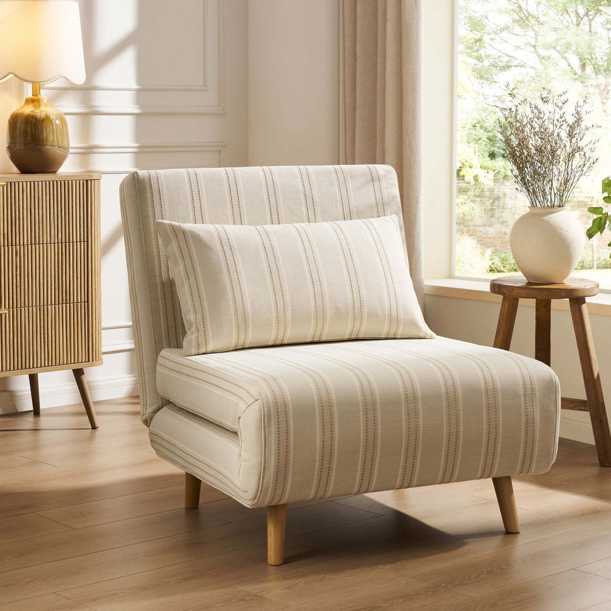 Seattle Single Click Clack Sofa Bed - Natural Stitched Stripe – Feather & Black