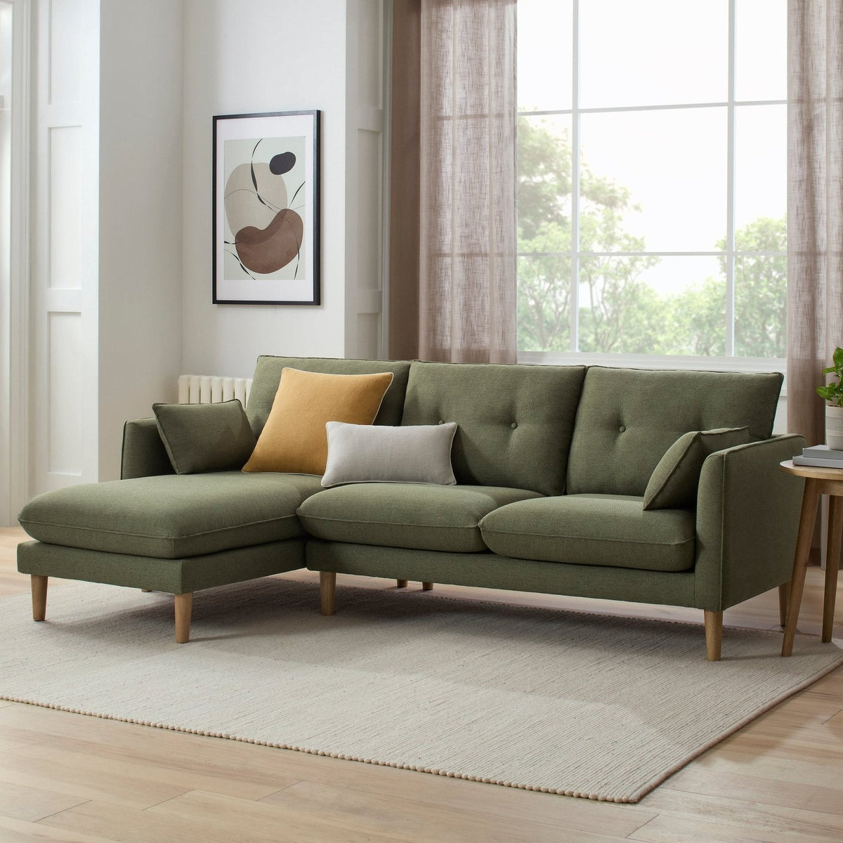 Shoreditch Left Hand Chaise Black & Feather Sofa - Woven Green