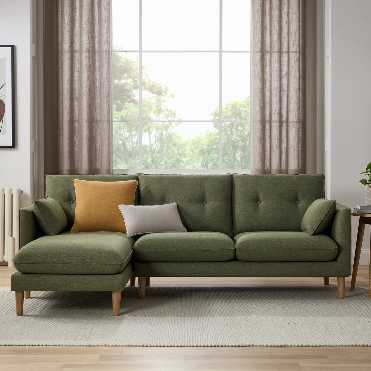 Shoreditch Left Hand Chaise Black & Feather Sofa - Woven Green