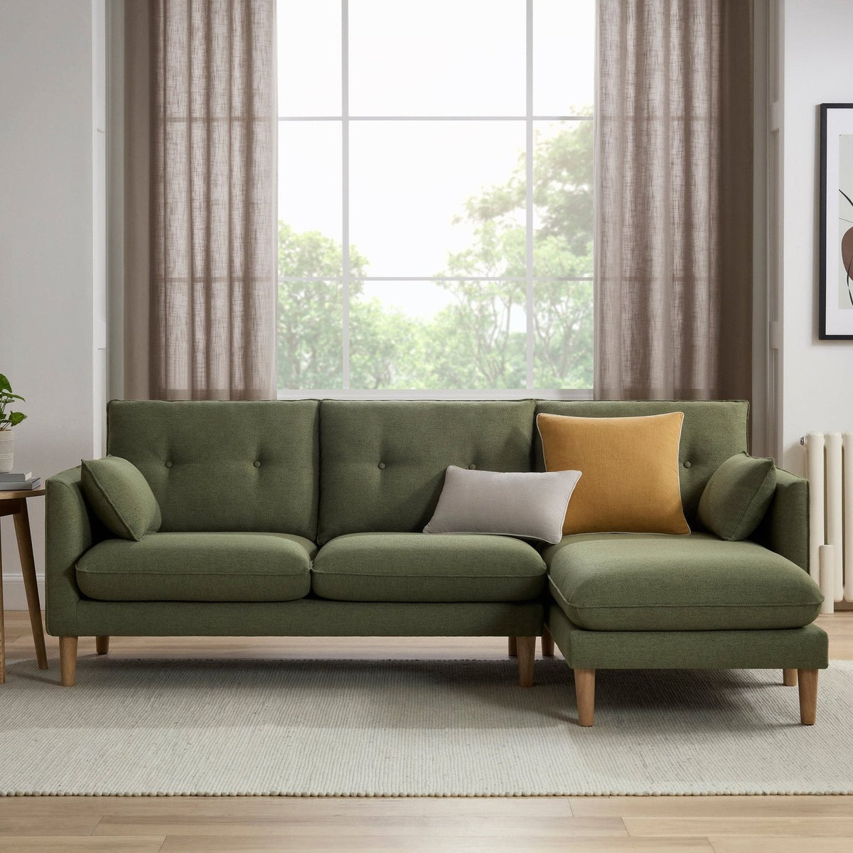 Shoreditch Right Hand Chaise Feather & Black Sofa - Woven Green