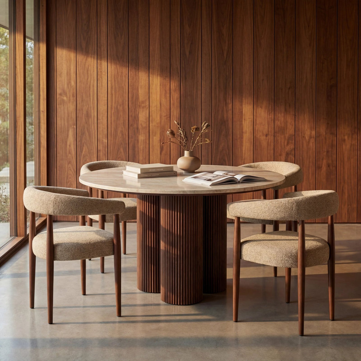 Skylar 4 Seat Round Dining Table | Natural Travertine & Walnut – Laura Ashley