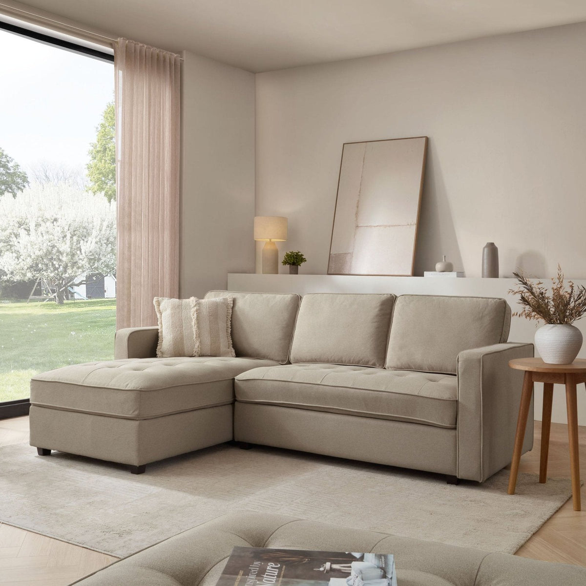 Sloane Left Hand Feather & Black Chaise - Oatmeal