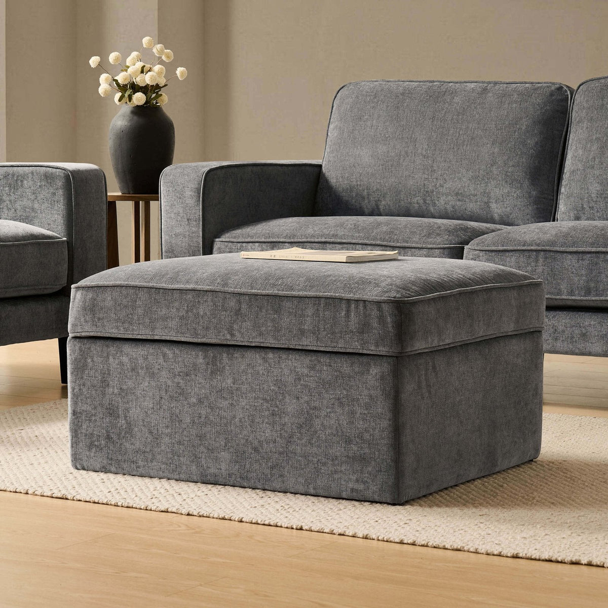 Soho Ottoman Storage Feather & Black Pouffe - Grey