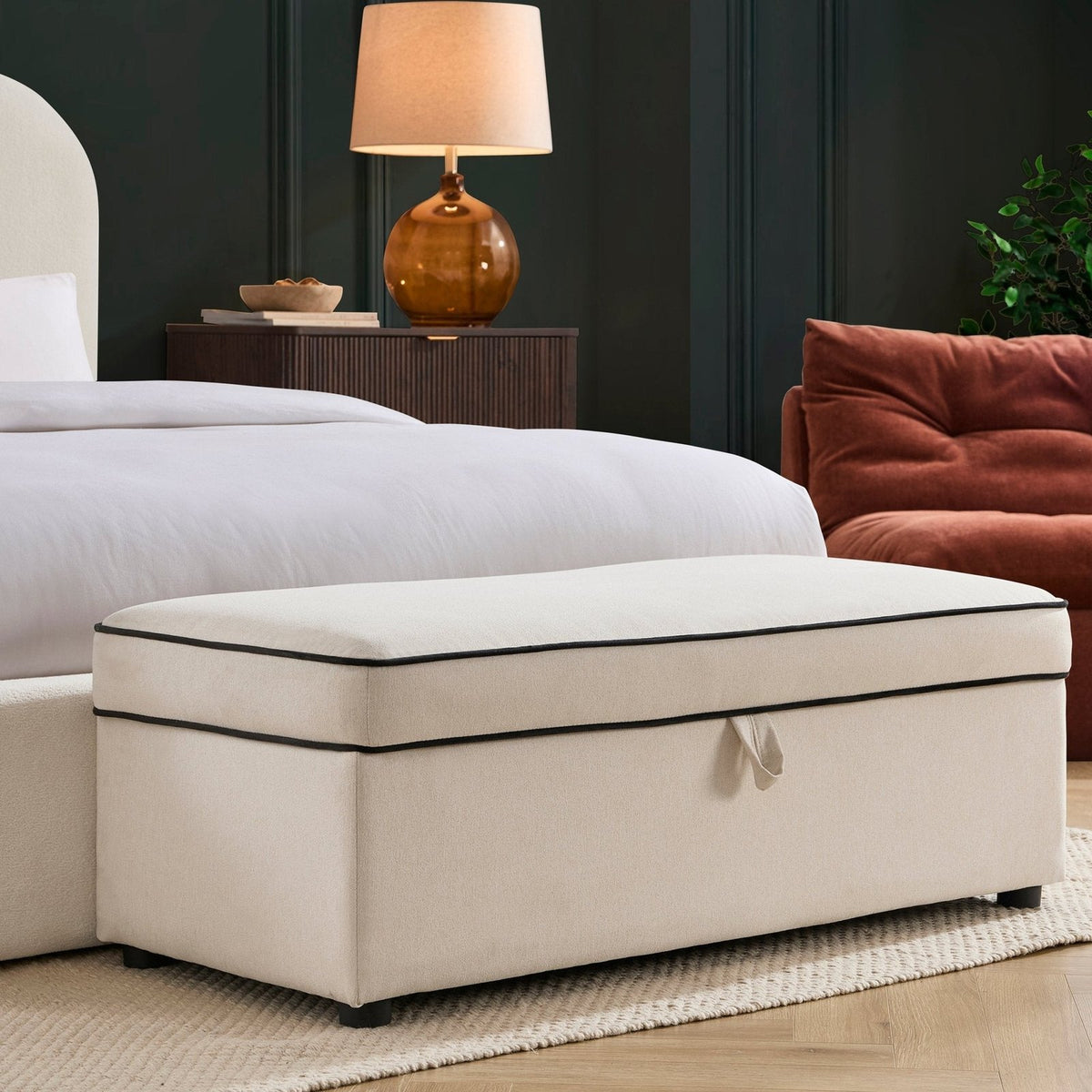 Soho Rectangle Ottoman Black & Feather Storage - Cream Linen/Black