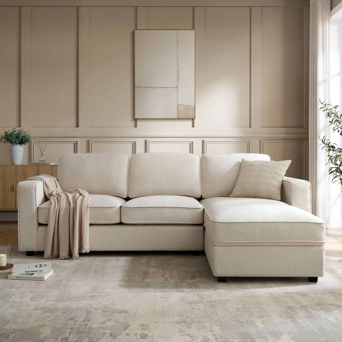 Soho Right Hand Storage Black & Feather Chaise Sofa - Beige