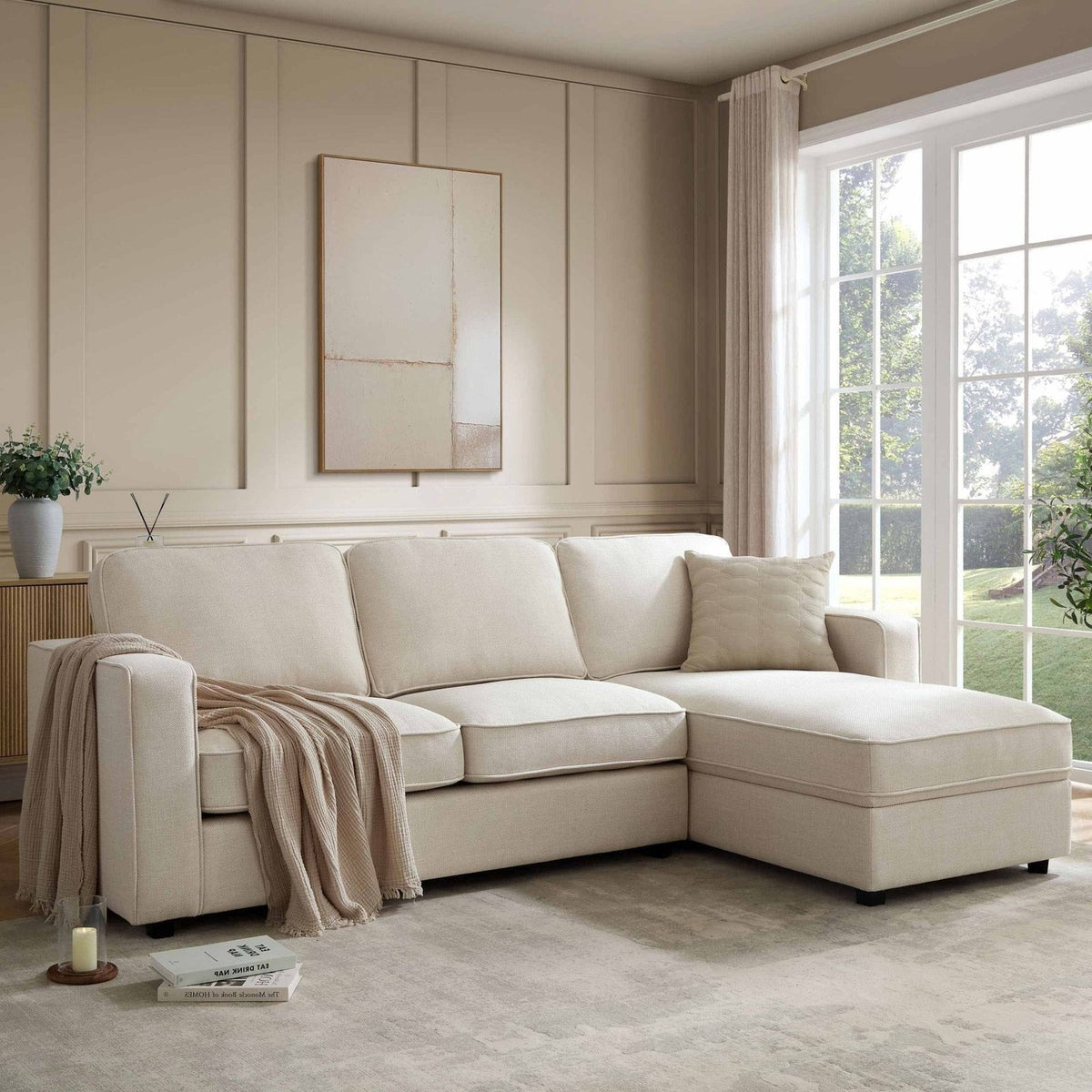 Soho Right Hand Storage Black & Feather Chaise Sofa - Beige