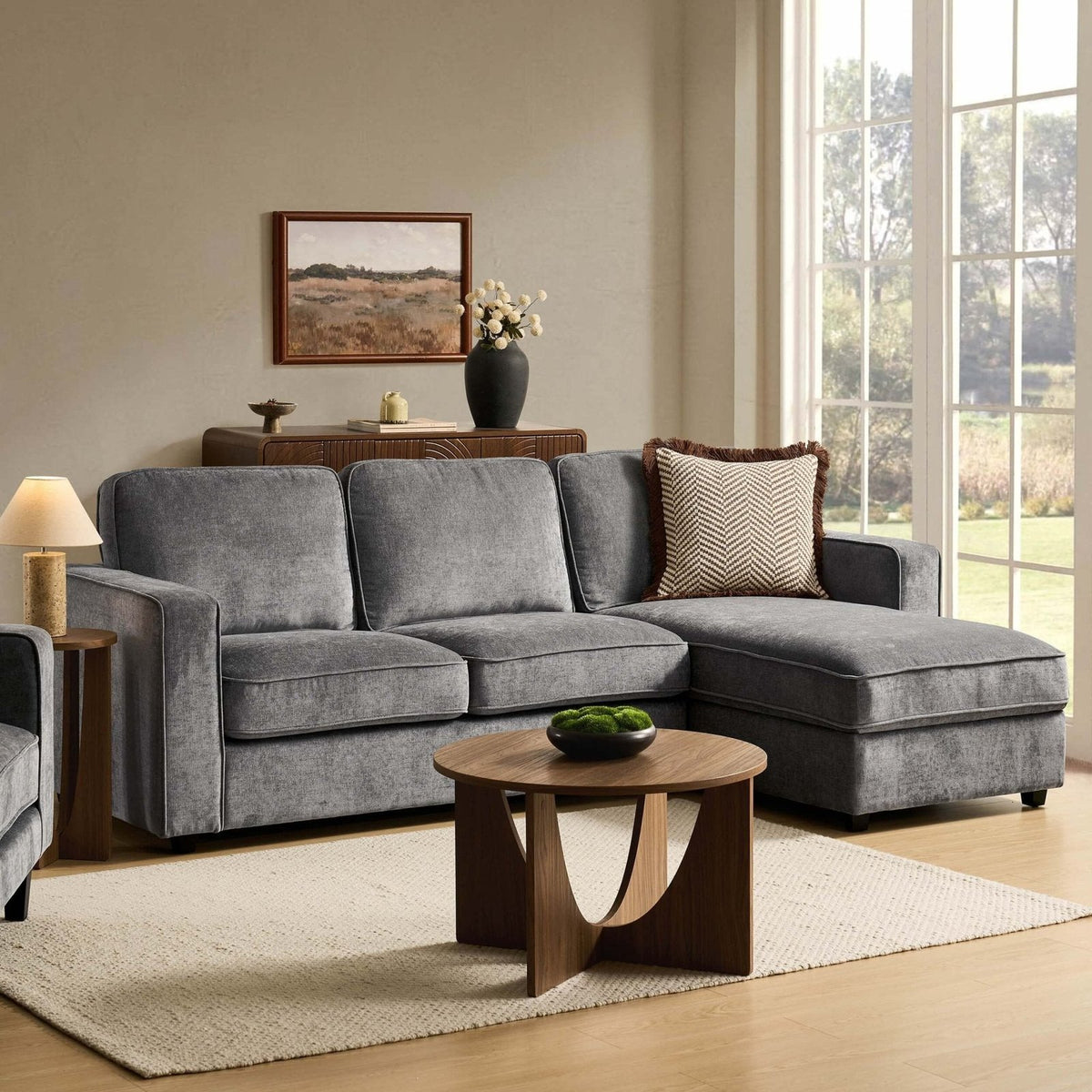 Soho Right Hand Storage Black & Feather Chaise Sofa - Grey