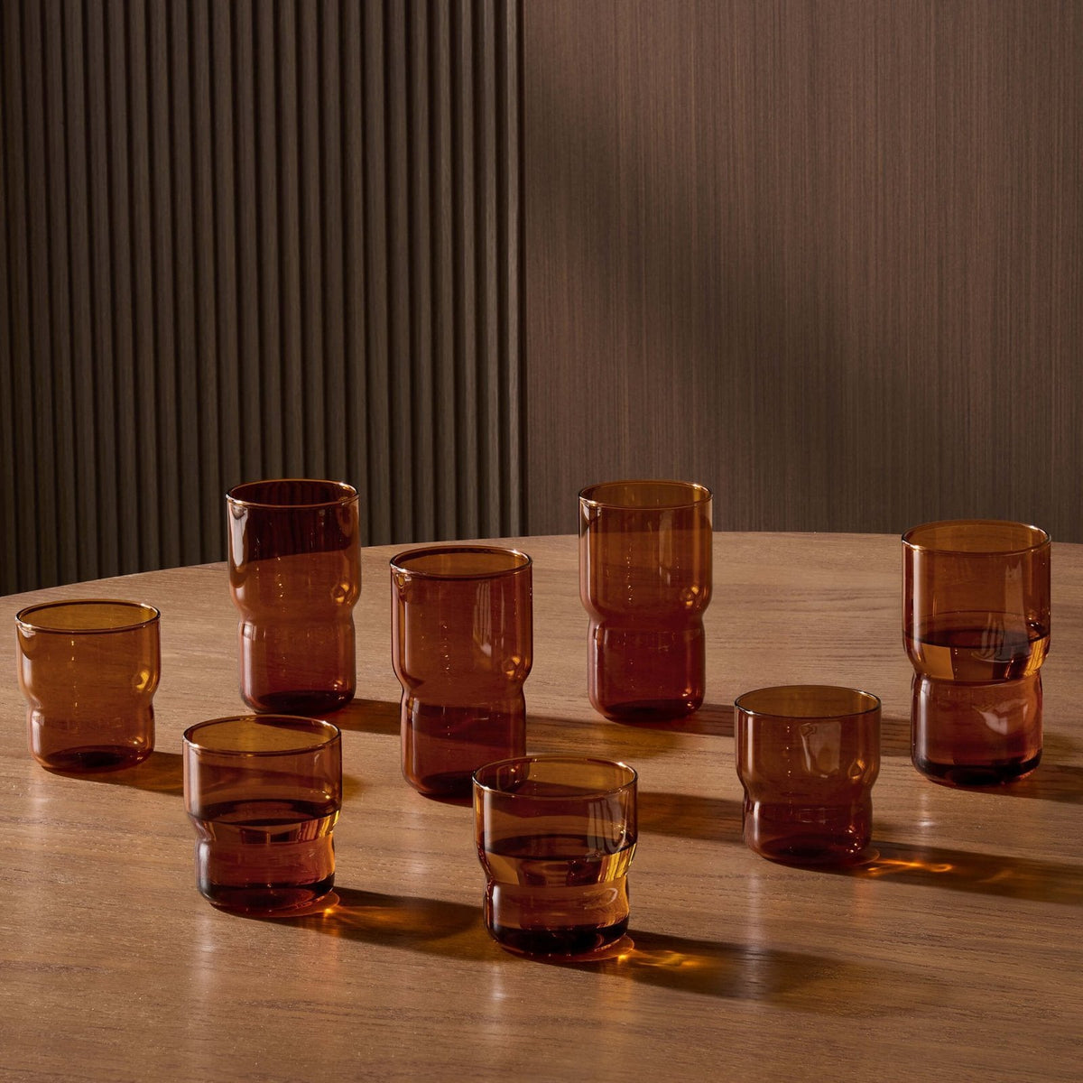 Sonne Colour Glass Stackable 8 Piece Black & Feather Tumbler and Highball Set - Amber