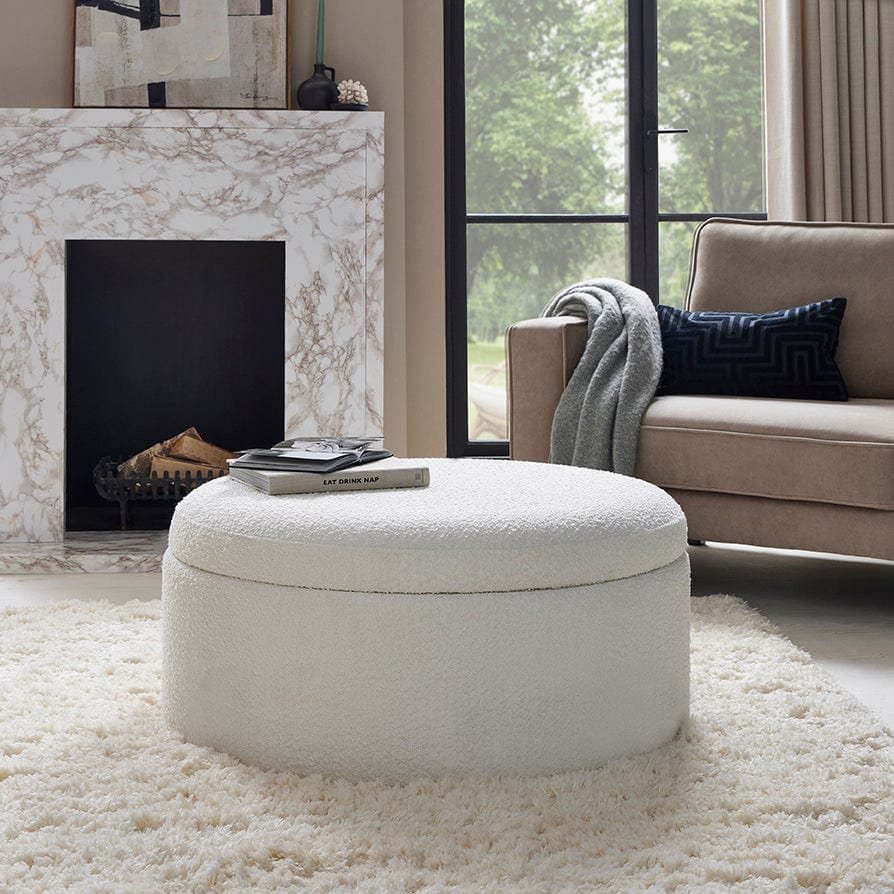 Stockton Boucle Round Storage Pouffe - Off White – Black & Feather