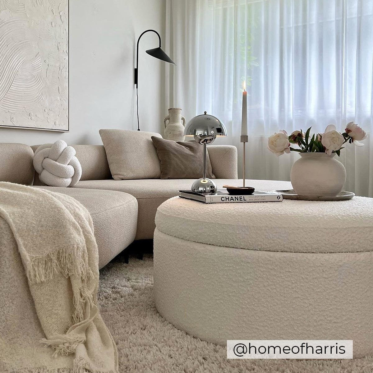 Stockton Boucle Round Storage Pouffe - Off White – Black & Feather