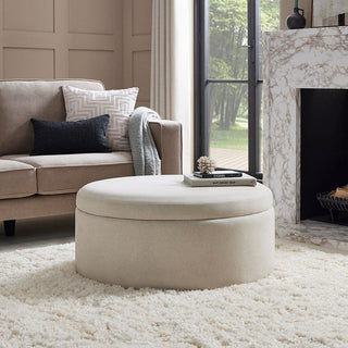 Stockton Round Storage Feather & Black Pouffe - Linen Natural