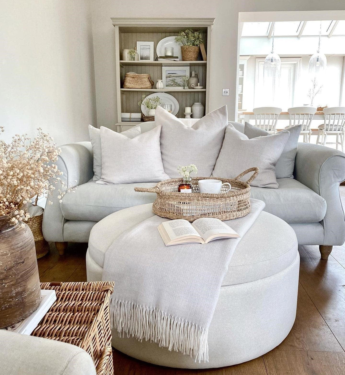 Stockton Round Storage Feather & Black Pouffe - Linen Natural
