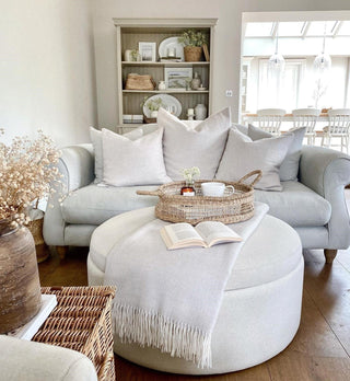 Stockton Round Storage Feather & Black Pouffe - Linen Natural