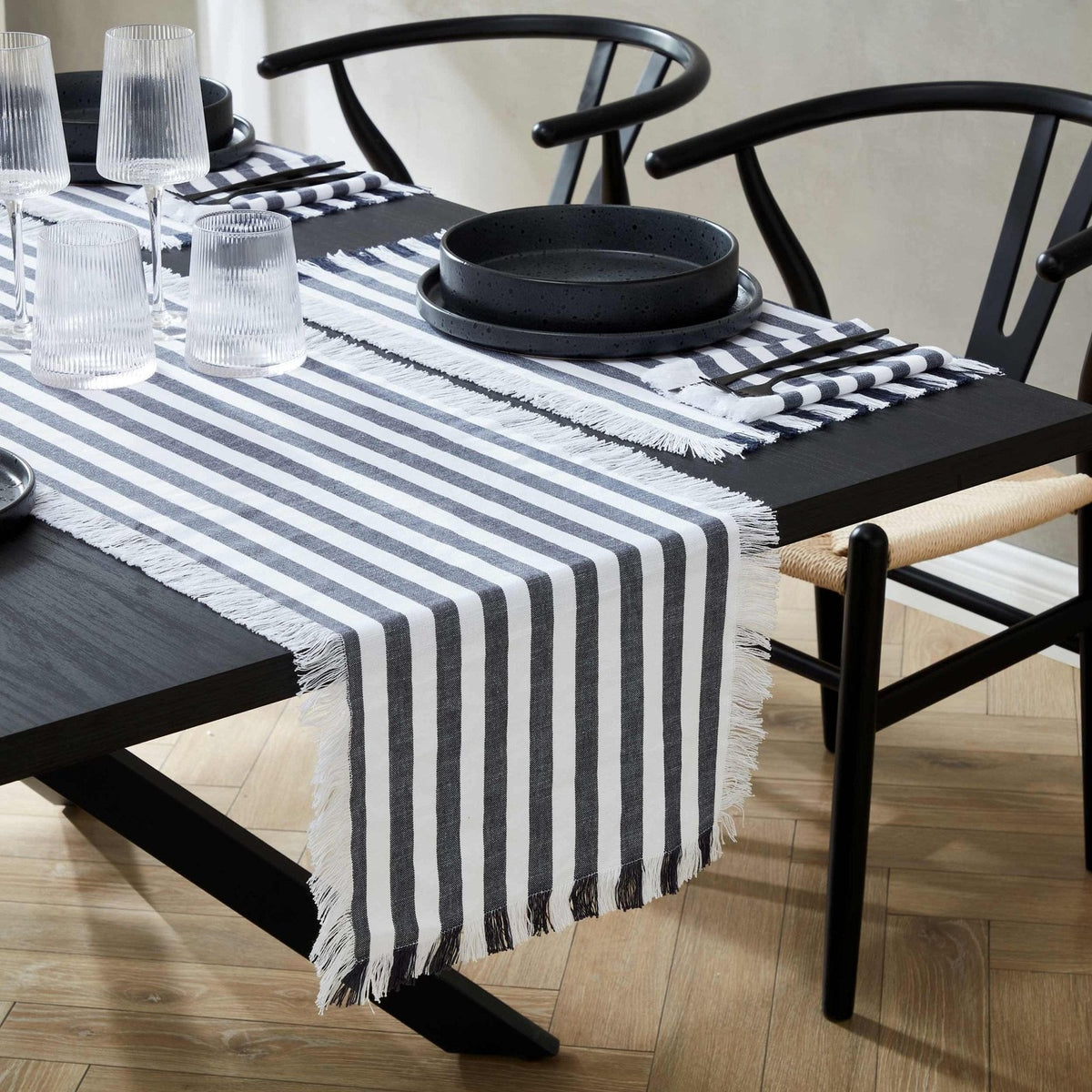 Stripe Fringed Edge Feather & Black Table Runner - Navy