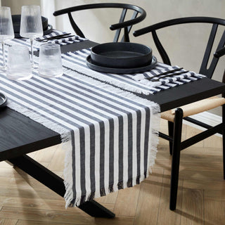 Stripe Fringed Edge Feather & Black Table Runner - Navy