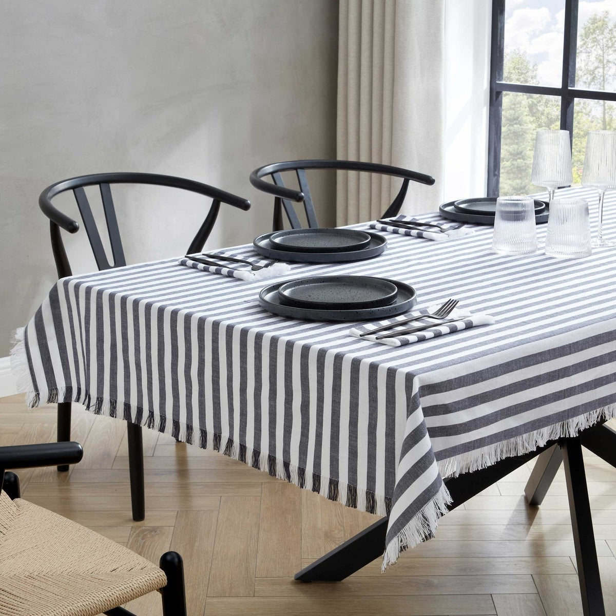 Stripe Fringed Edge Tablecloth - Navy