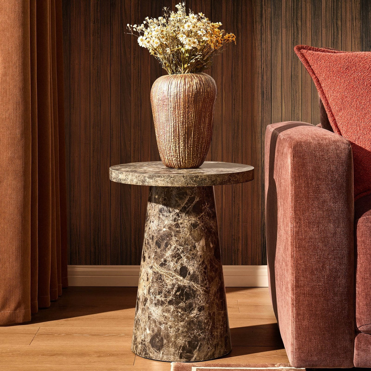 Talia Side Table - Dark Marble Effect – Black & Feather