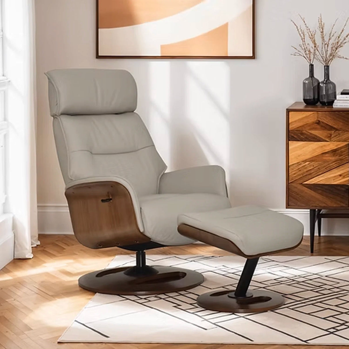Tallis Taupe Leather Laura & Ashley Swivel Chair with Footstool