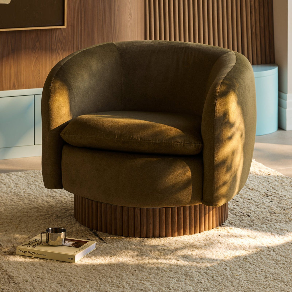 Viva Swivel Armchair | Moss Laura Ashley Green Sustainable Mohair Velvet & Walnut