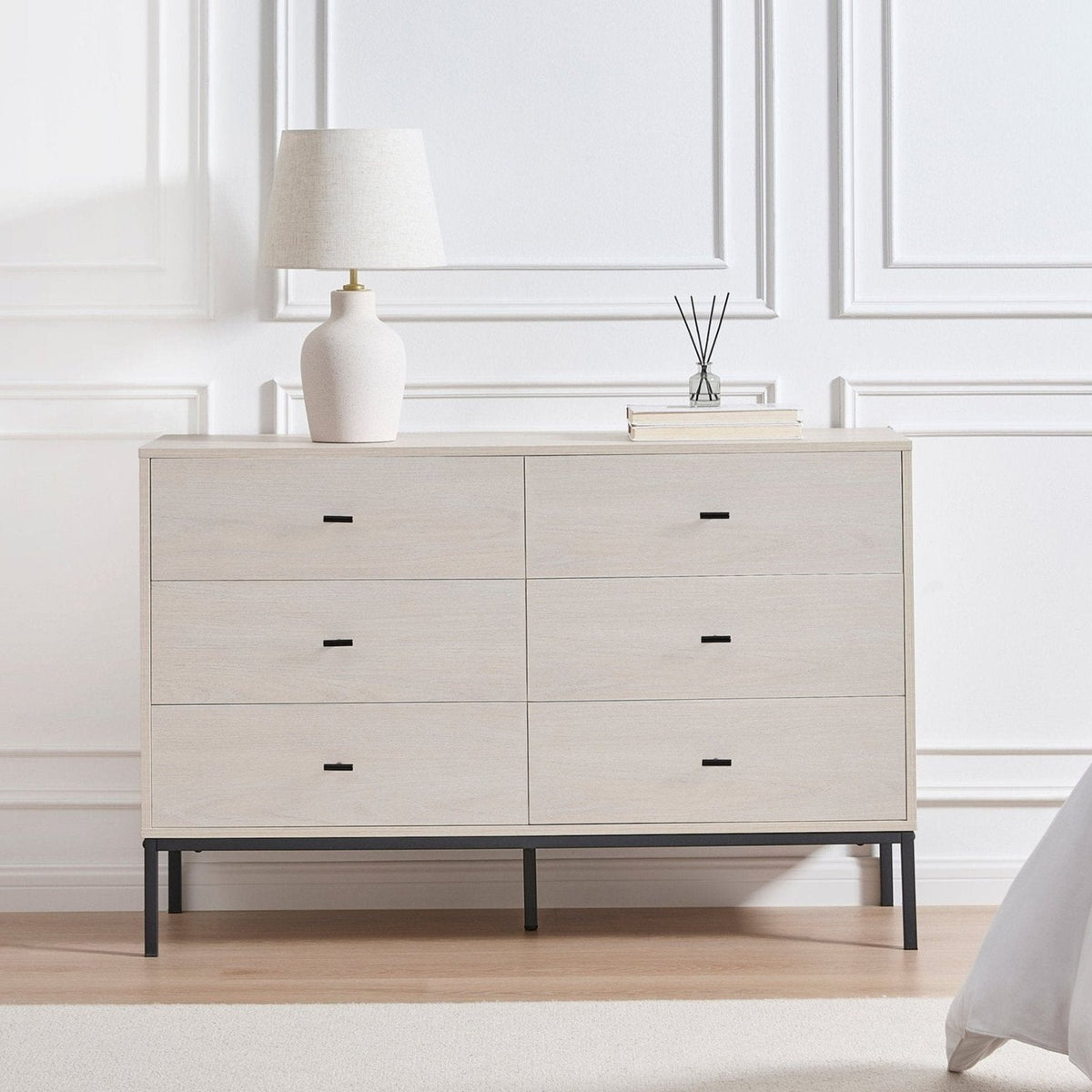 Willow 6 Drawer Feather & Black Chest - Light Wood
